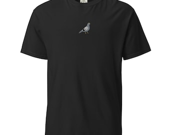 Pigeon Embroidered Yard Bird T-Shirt, Heavyweight Unisex Garment-Dyed Cotton Tee, Casual Streetwear Top