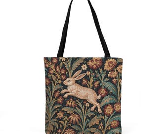 Millefleurs Rabbit Woven Tote Bag, Cottagecore Bag