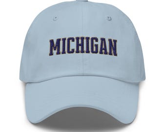 Michigan Embroidered Dad Hat, Navy & Gold Varsity Letters, State Pride Cap