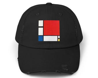 Distressed Hat Featuring Mondrian Composition II Red, Blue, Yellow 2 Cap, Unisex Hat, Art Lover Gift, Abstract Art Hat