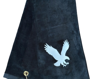 Embroidered Eagle Cotton Velour Tri-Fold 16x26 Golf Towel, Black with White Stitching