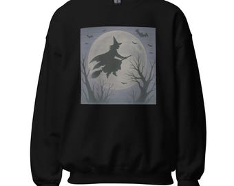 Halloween Witch Sweatshirt – Flying Witch and Moon Crewneck Pullover, Spooky Season Bats Graphic Shirt
