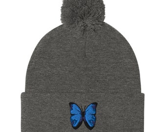 Pom Pom Beanie with Embroidered Blue Butterfly | Cozy Winter Hat  | Cute Knit Cap