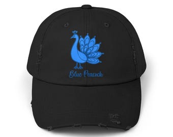 Blue Peacock Cap, Peacock Embroidered Hat, Vintage Distressed Cap, Gift for Him or Her