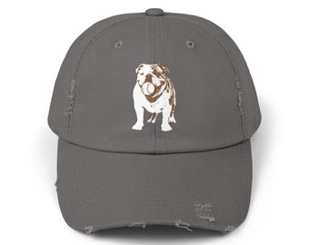 Bentley Bulldog with Softball Unisex Distressed Cap, Retro Distressed Baseball Cap, Athletic Baseball Hat