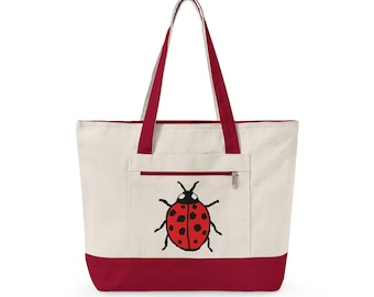Ladybug Canvas Tote Bag | Zippered, Heavy Cotton