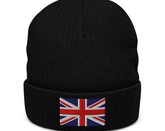 Union Jack Beanie | Embroidered English Flag Ribbed Knit Hat for Men & Women | Stylish Winter Accessory