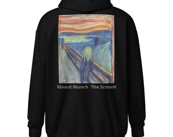 The Scream Full Zip Hoodie . Comfortable Unisex Heavy Blend Zip Hoodie with Edvard Munch Art Back Print, Unique Casual Wear Gift Idea,