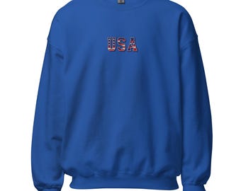 USA Embroidered Sweatshirt Unisex Patriotic Pullover Lightweight Crewneck Top for Men & Women
