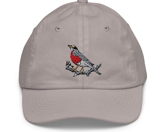 Kid's Hat American Robin Embroidered Bird Baseball Cap for Youth Ages 5 & Up - Cute Kids Hat, Adjustable, Perfect for Outdoor Play