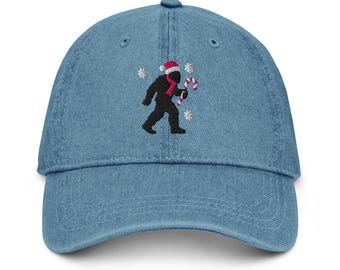 Christmas Bigfoot Embroidered Denim Dad Hat: Sasquatch Candy Cane Cap