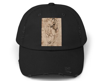 Distressed Cap Featuring Remixed Vintage Horse Drawing by Leonardo,
