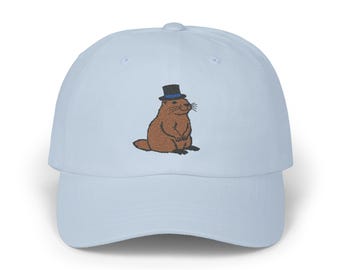 Groundhog with Top Hat Embroidered Classic Cap, Animal Lover Gift, Wildlife Nature Dad Hat, Groundhog day Novelty Headwear