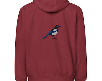 Black Billed Magpie Back Embroidered full zip hoodie