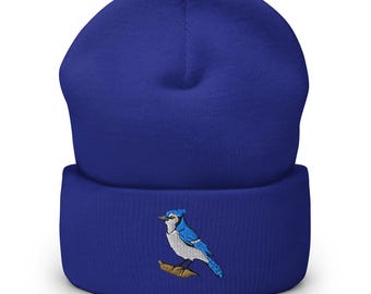 Blue Jay Embroidered Cuffed Beanie - Bird Lover Gift