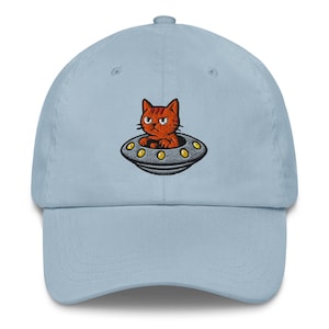 Moody UFO Cat Embroidered Dad Hat – Retro Alien Kitty Flying Saucer Hat