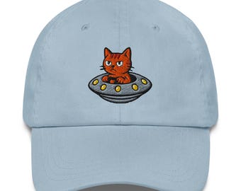 Moody UFO Cat Embroidered Dad Hat – Retro Alien Kitty Flying Saucer Hat
