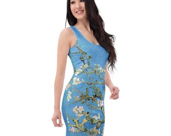 Bodycon Almond Blossoms Dress with Almond Blossoms Van Gogh Replica Print – Elegant Floral Art-Inspired Dress for Women