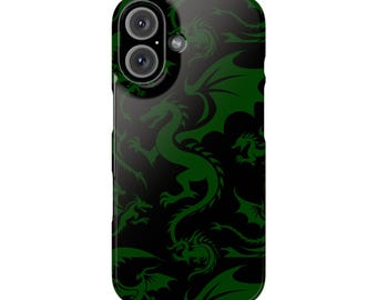 Dark Green Dragons Slim Phone Cases for iPhones 7-16, Unique Dragon Design, Protective Case, Dragon Lover Gift, Fantasy Phone Accessories