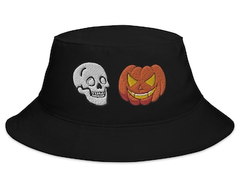 Skull & Jack o'Lantern Embroidered Bucket Hat - Spooky Halloween Accessory, Unique Gift Idea, Stylish Headwear for Autumn