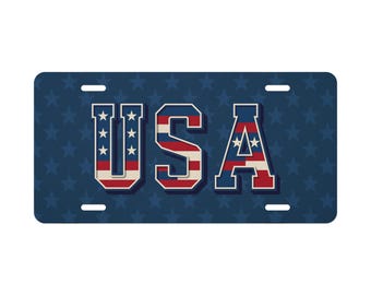 USA Vanity License Plate with Blue Stars Background – Patriotic Car Tag Gift