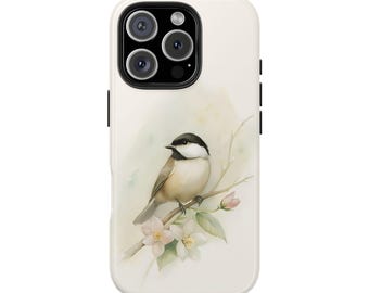 Watercolor Style Chickadee Tough Phone Cases for iPhone and Samsung Phones , Bird Lover Gift, Floral Bird Design Phone Case