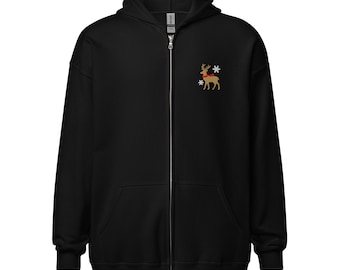 Reindeer Embroidered Zip Hoodie – Christmas Deer with Red Scarf & Snowflakes