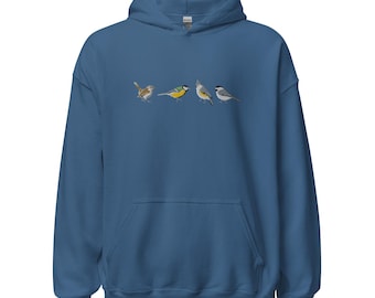 Backyard Birding Embroidered Hoodie, Carolina Wren, Great Tit, Tufted Titmouse & Chickadee Bird Hoodie