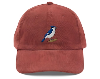 Deep Blue Jay Embroidered Bird Vintage Corduroy Cap % Retro Style, Adjustable & Unique Gift Idea for Bird Lovers