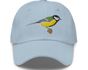 Great Tit Embroidered Bird Dad Hat – Unstructured Adjustable Baseball Cap, Birdwatcher Gift, Nature Lover Hat
