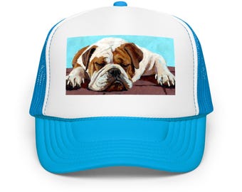 Sleeping Bulldog Foam Trucker Hat | Fun & Comfortable Pet Lover Cap | Adjustable Snapback Hat for Dog Owners