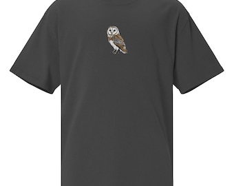 Barn Owl Oversized Embroidered T-Shirt, Faded Graphic Tee, Bird Lover Gift, Cozy Summer Apparel, Unique Owl Design