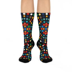 Color Polka Dots Cushioned Black Crew Socks, Fun Patterned Footwear, Fashion Socks, Comfy Stylish Stockings, Novelty Dress Sock