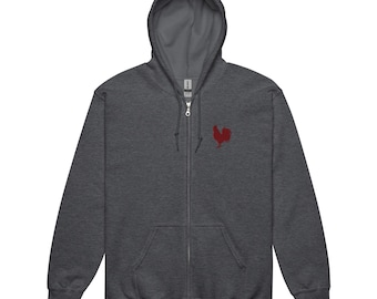 Maroon Rooster Embroidered Zip Hoodie – Minimalist Farm Animal Sweatshirt – Rustic Chicken Embroidery – Country Style Unisex Zip Hoodie
