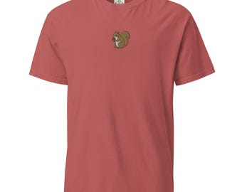 Squirrel Embroidered Heavyweight Unisex T-Shirt, Garment Dyed Casual Tee, Animal Lover Gift, Soft Durable Cotton Shirt