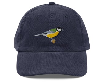 Great Tit Embroidered Bird Vintage corduroy cap