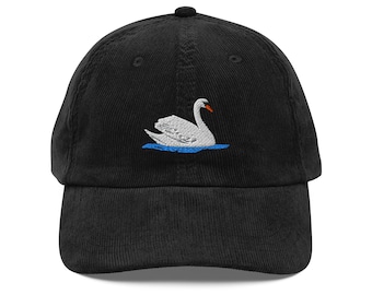 Swan Embroidered Bird Hat, Vintage Corduroy Cap, Unique Gift for Bird Lovers, Chic Retro Style, Adjustable Size
