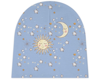 Sun Moon and Stars Baby Beanie Hat - Light Blue Celestial Newborn Cap
