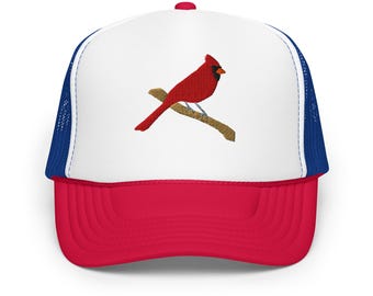 Red Cardinal Embroidered Bird Trucker Hat - Foam Mesh Cap for Outdoors & Casual Wear