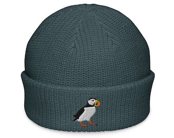 Atlantic Puffin Embroidered Seabird Fisherman beanie