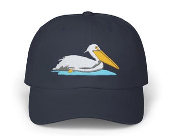 American White Pelican Embroidered Seabird Classic Cap, Adjustable Unisex Hat, Bird Lover Cap, Wildlife Embroidery Hat, Nature Lover Gift