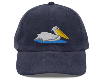 American White Pelican Cap Embroidered Seabird Corduroy Hat, Unique Wildlife Apparel & Gift for Bird Lovers