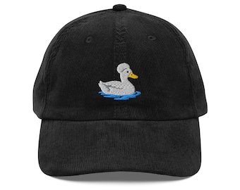 Vintage Corduroy Cap with Crested Duck Embroidered Bird Design – Retro Outdoor Hat for Men & Women