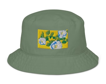 White Floral Embroidered Organic bucket hat