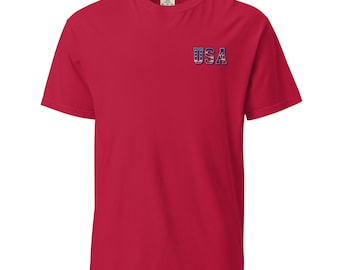 Embroidered USA Patriotic Varsity T-Shirt – Vintage Flag Letters – 4th of July garment-dyed heavyweight t-shirt