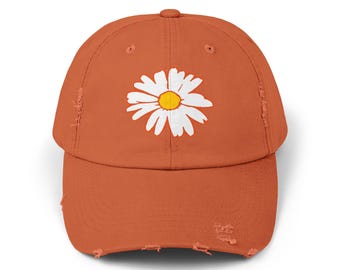 White Daisy Distressed Cap, Cute Floral Hat, Flower Print Unisex Cap Snapback