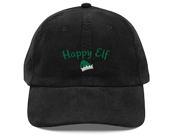 Embroidered Happy Elf Corduroy Dad Hat - Adjustable Christmas Cap
