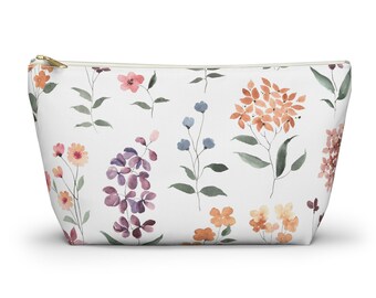 Stylish Watercolor Flower Cosmetic Bag  w T-bottom 12.60 x  3.15 x 7.28 inches  Floral Accessory Pouch for Travel