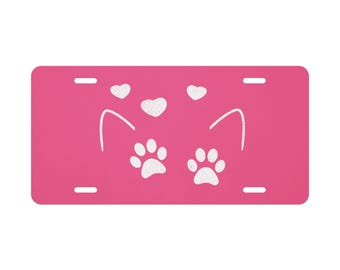 Cute Cat Ears & Paws Vanity Plate – Pink Aluminum Front License Tag for Cat Lovers Vanity license plate