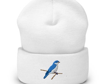 Blue Bird Embroidered Beanie - Cozy Winter Cuffed Hat -  Unisex Headwear - Soft & Warm Gift Idea